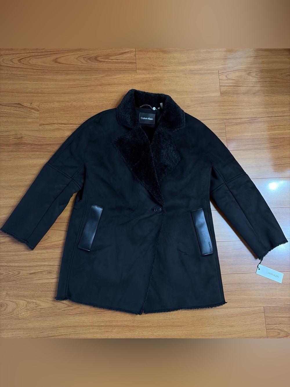 NEW Calvin Klein Womens BLACK Midi Warm Faux Shearling Fur Coat size M